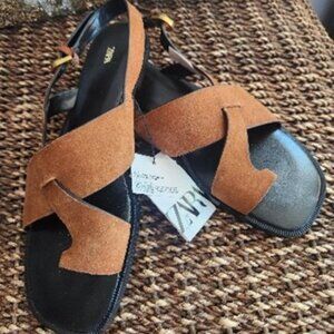 ZARA SUEDE STRAPPY SLIDE SANDALS Brown, Size 40 (9) - NWT